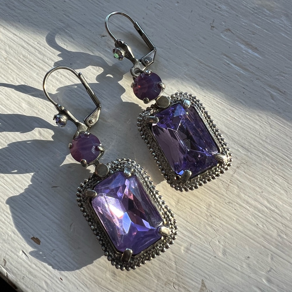 Sorrelli Drop Hoop Emerald Cut Purple Stone earrings